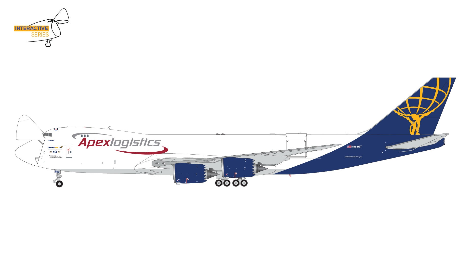 G2GTI1238 GEMINI 200 ATLAS AIR / アトラス航空 B747-8F N863GT final 747; Interactive Series 開閉選択式 1:200 完売しました。