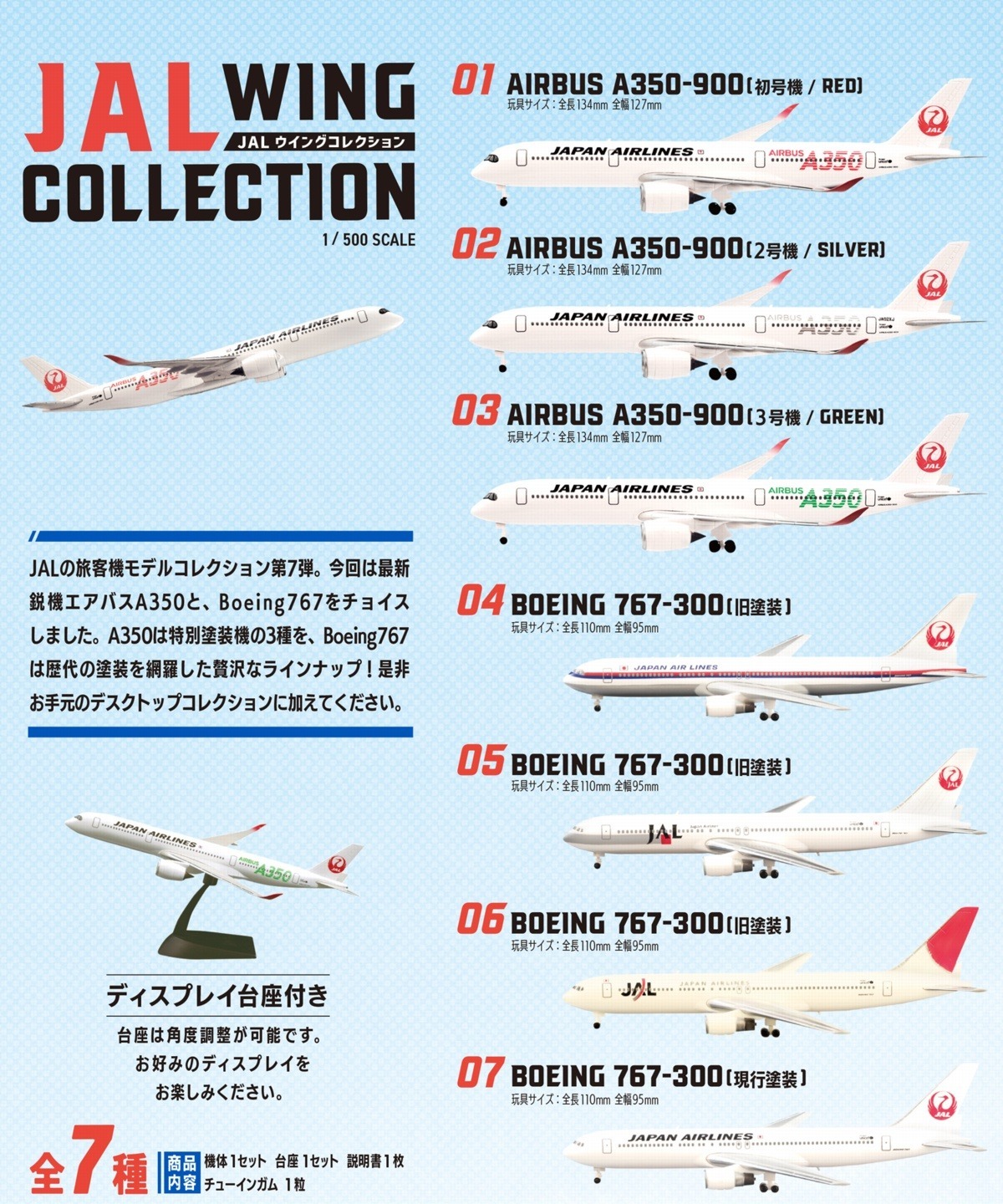 FT60765 F-toys JALウイングコレクション7 B767-300×4, A350-900×3 全7種 1:500 1BOX=10個入り 完売しました。