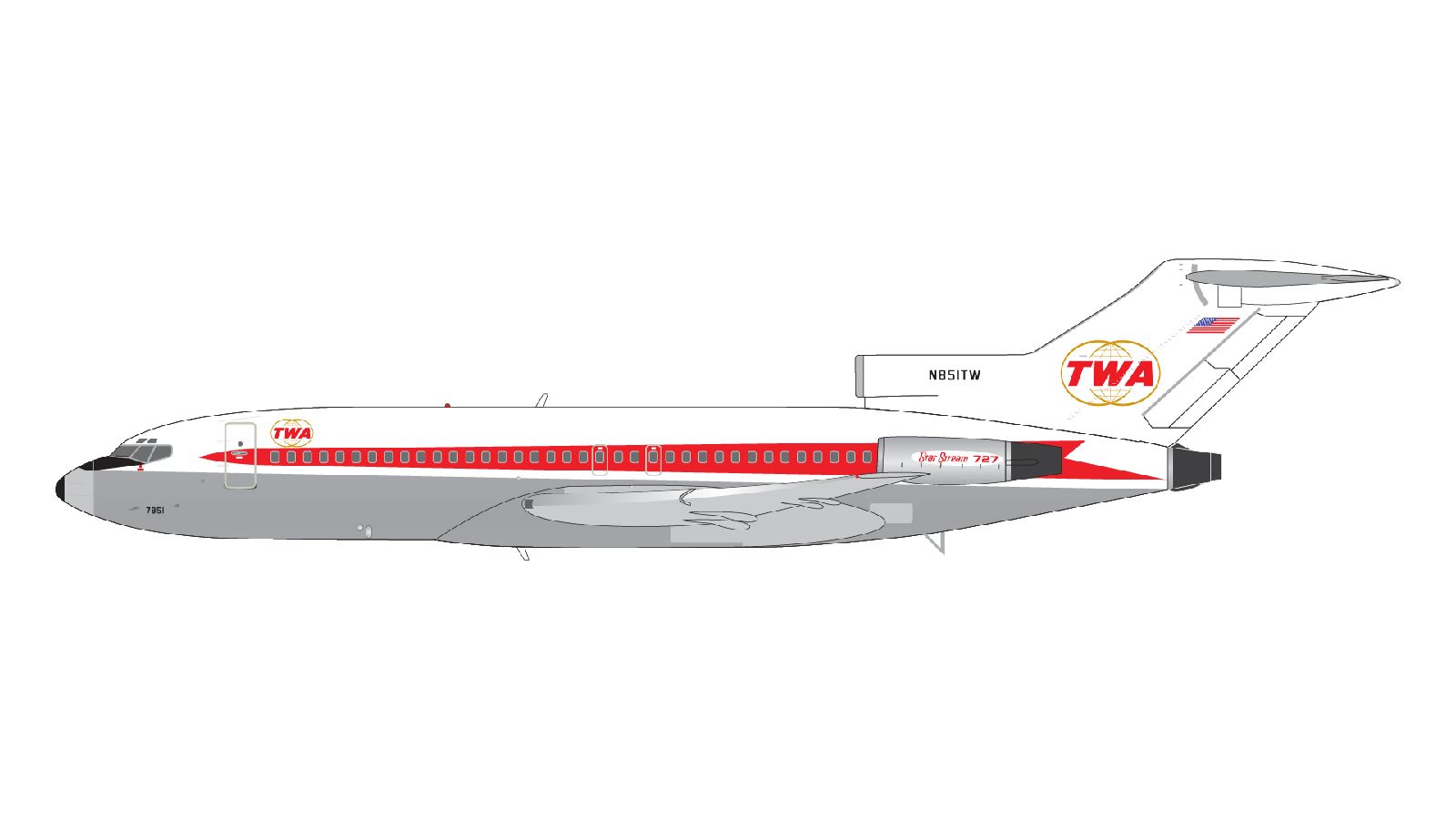 G2TWA946 GEMINI 200 TWA Trans World Airlines / トランス・ワールド航空 B727-100 N851TW Star Stream livery アップグレードスタンド付 1:200 完売しました