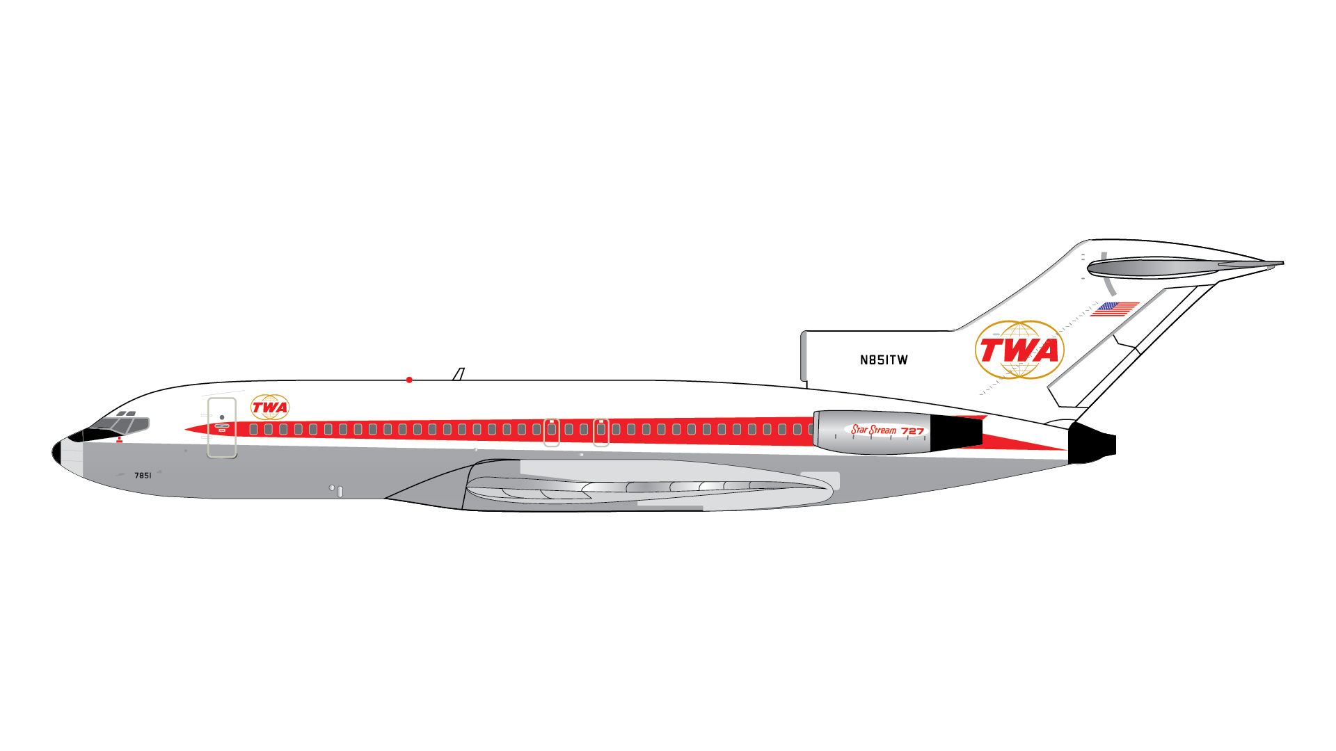 GJTWA2353 GEMINI JETS TWA Trans World Airlines / トランス・ワールド航空 twin globes polished B727-100 N851TW 1:400