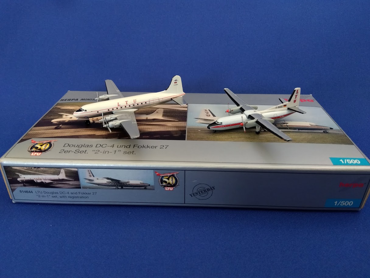 514644 Herpa LTU International / LTUインターナショナル DC-4 & F-27 2機ｾｯﾄ D-AMIR & D-BAKE 2機ｾｯﾄ 1:500 完売しました。